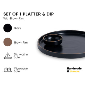 Japandi Ceramic Platter with Dip Bowl – Black, Large