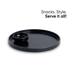 Japandi Ceramic Platter with Dip Bowl – Black, Large