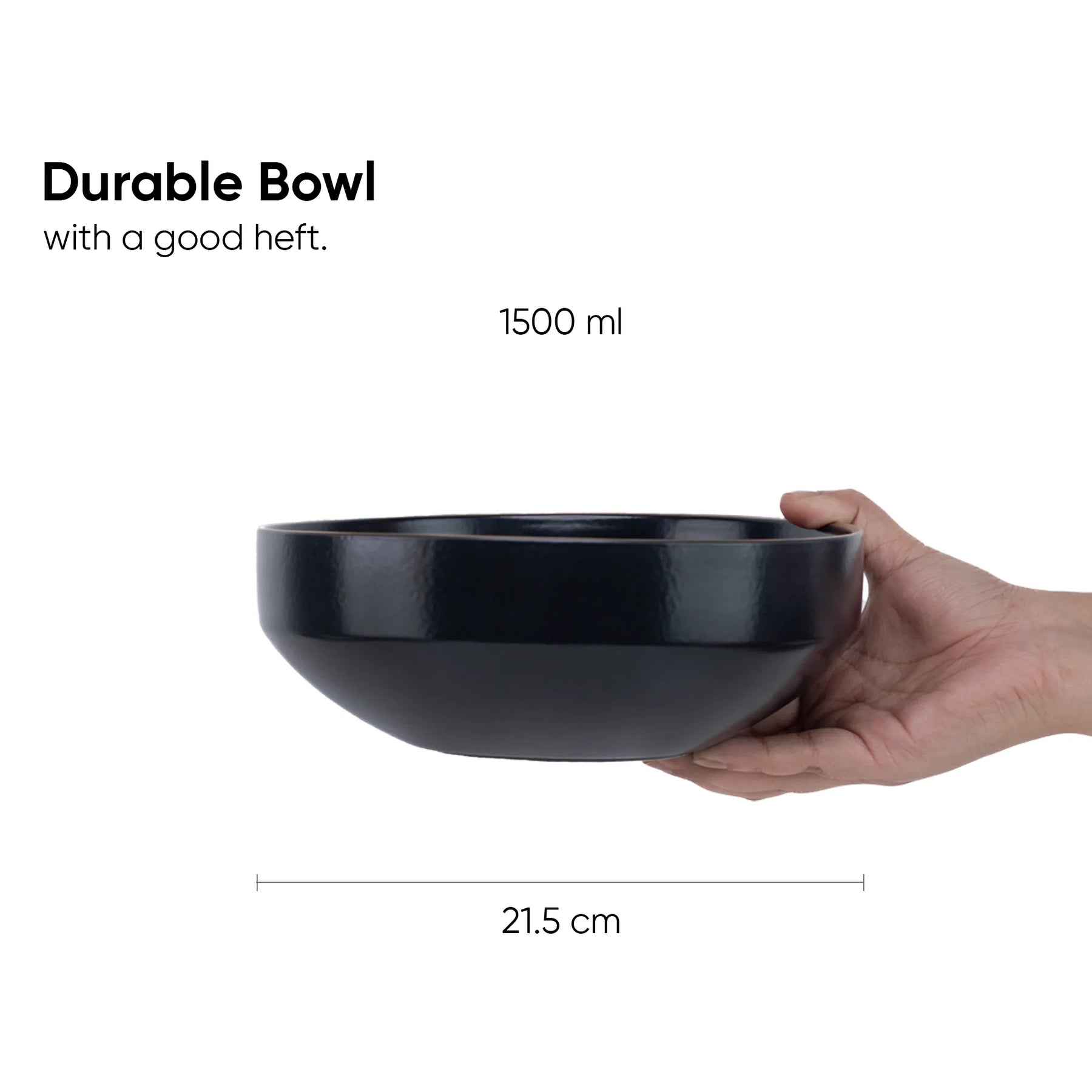 Black bowl held by a hand with text indicating its capacity and dimensions.