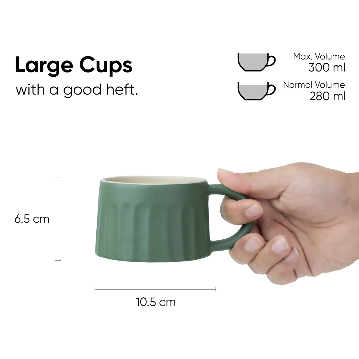 Green mug held by a hand with measurements and volume details on a white background