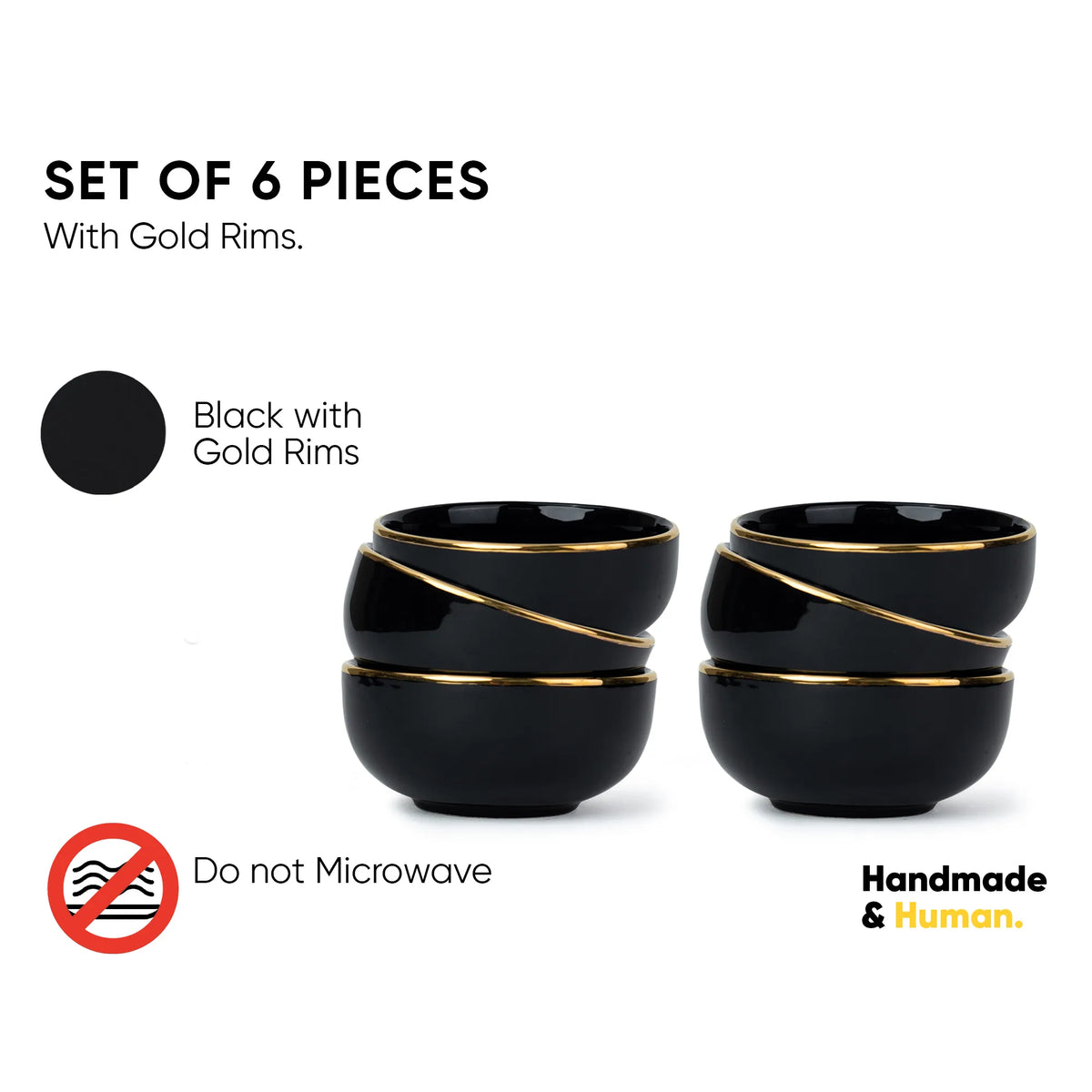 Set of 6 black bowls with gold rims on a white background, featuring text about material and care instructions.