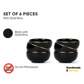 Ceramic Veg Bowls Set of 6 for Dinner | 180ml | Glossy Finish | Premium Ceramic | Gold Rim | Gold Line Collection | Multipurpose Katori Set