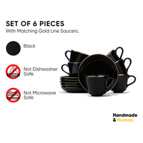 Ceramic Tea Cup Saucer Set | Goldline Collection | 180ml | Set of 6 | Glossy Finish