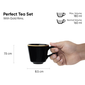 Ceramic Tea Cup Set of 6, Black with Real Gold Line, 180ml | Glossy Finish | Real Gold Line