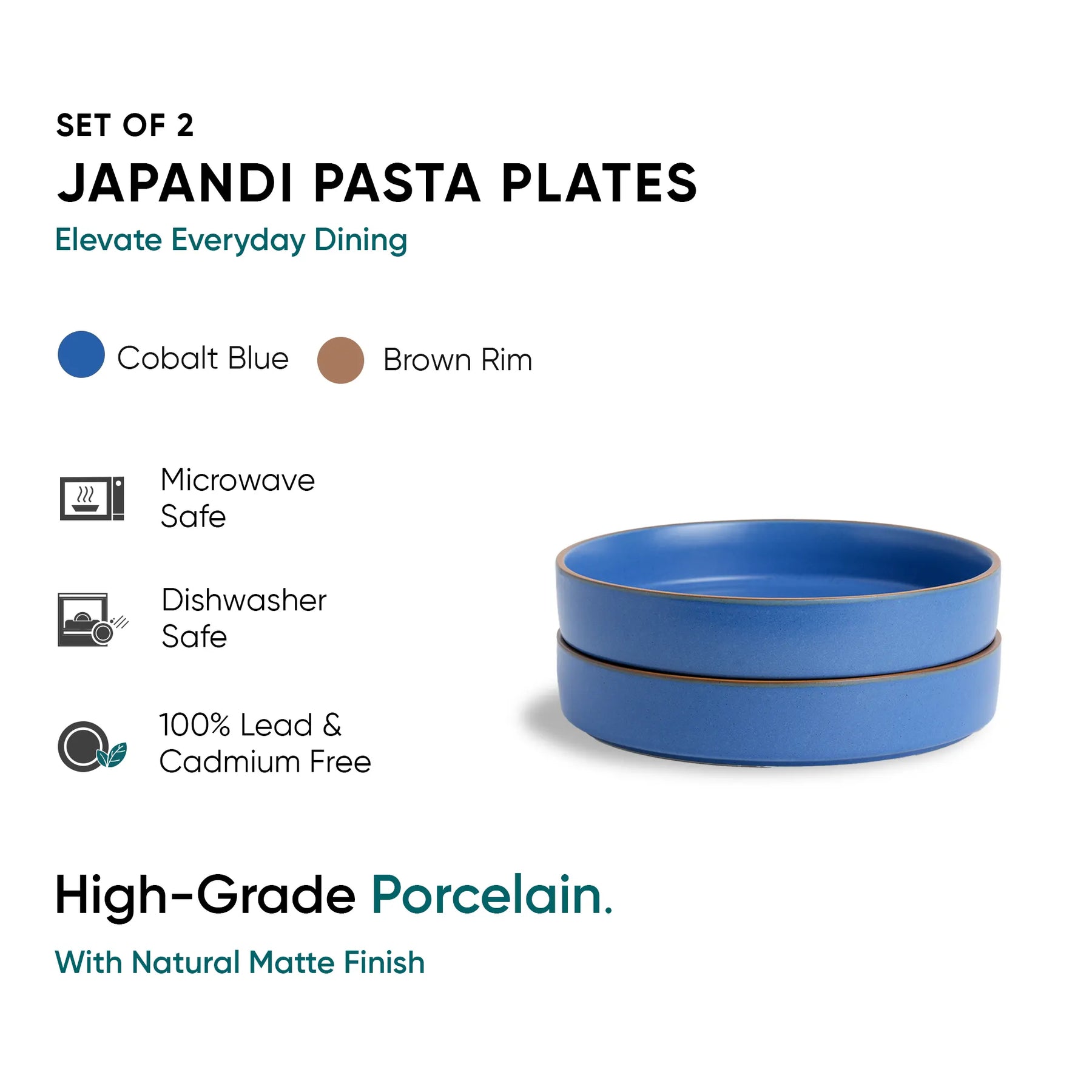 Set of 2 Japandi pasta plates with cobalt blue color and brown rim on a white background.