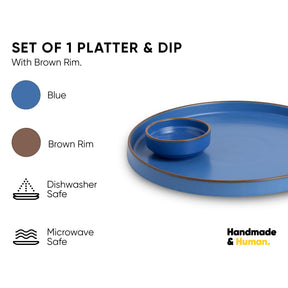 Japandi Ceramic Platter with Dip Bowl – Blue, Large
