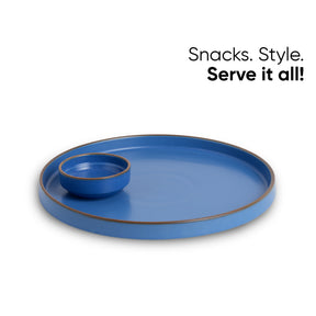 Japandi Ceramic Platter with Dip Bowl – Blue, Large