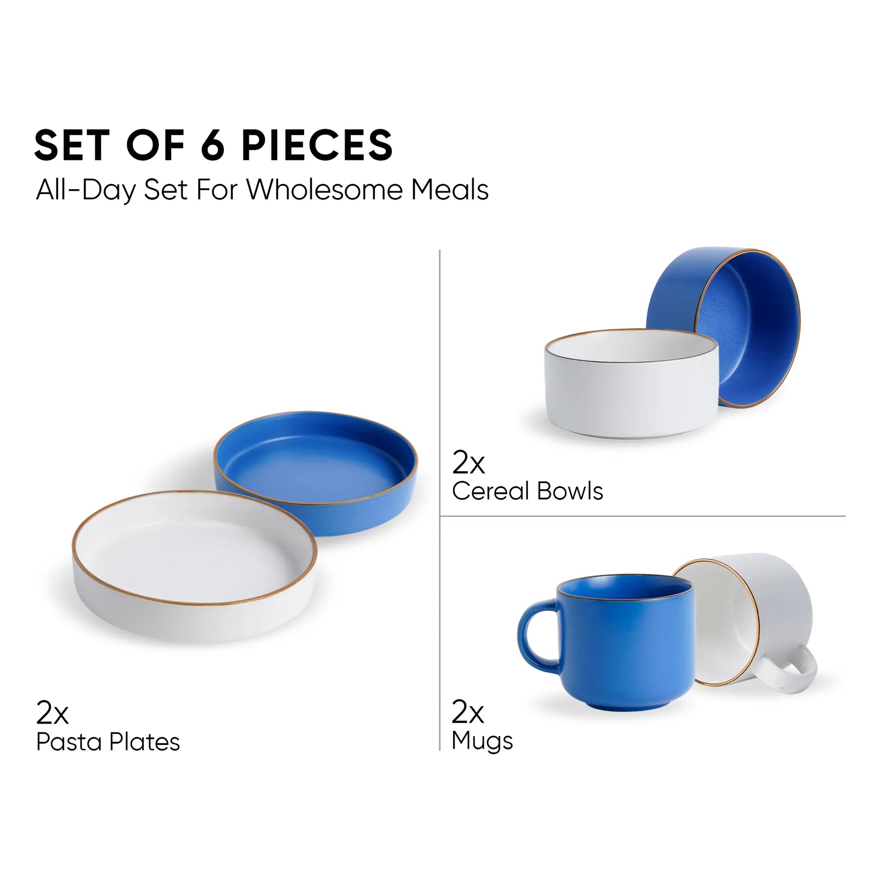 Ceramic Breakfast Set | Japandi Collection | 6 Pieces | Blue & White