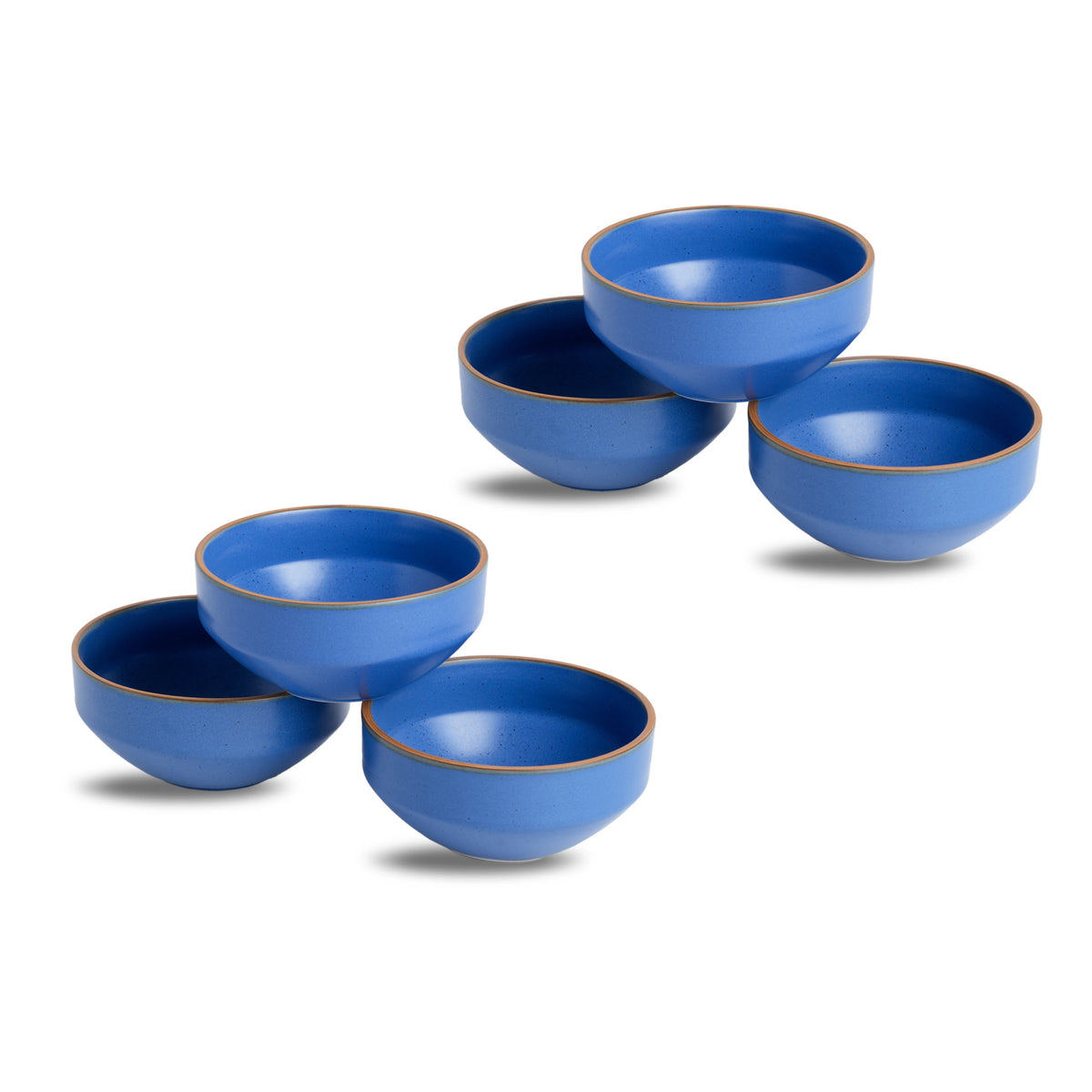Set of six blue ceramic bowls on a white background