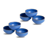 Set of six blue ceramic bowls on a white background