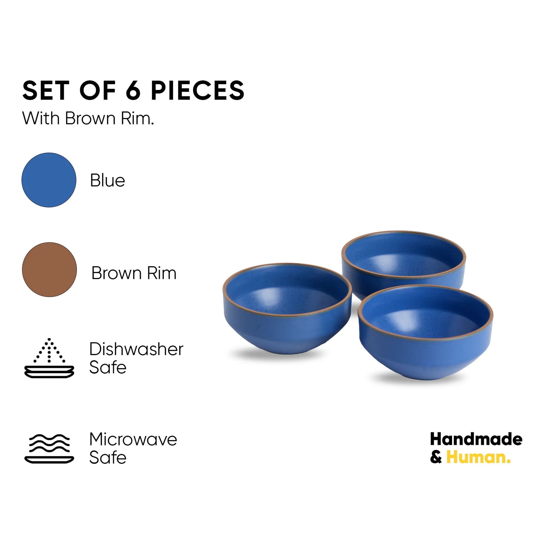 Set of three blue bowls with brown rims on a white background, featuring text about product features.