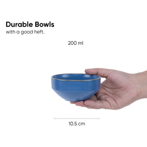 Blue bowl held in a hand with text indicating durability and capacity.