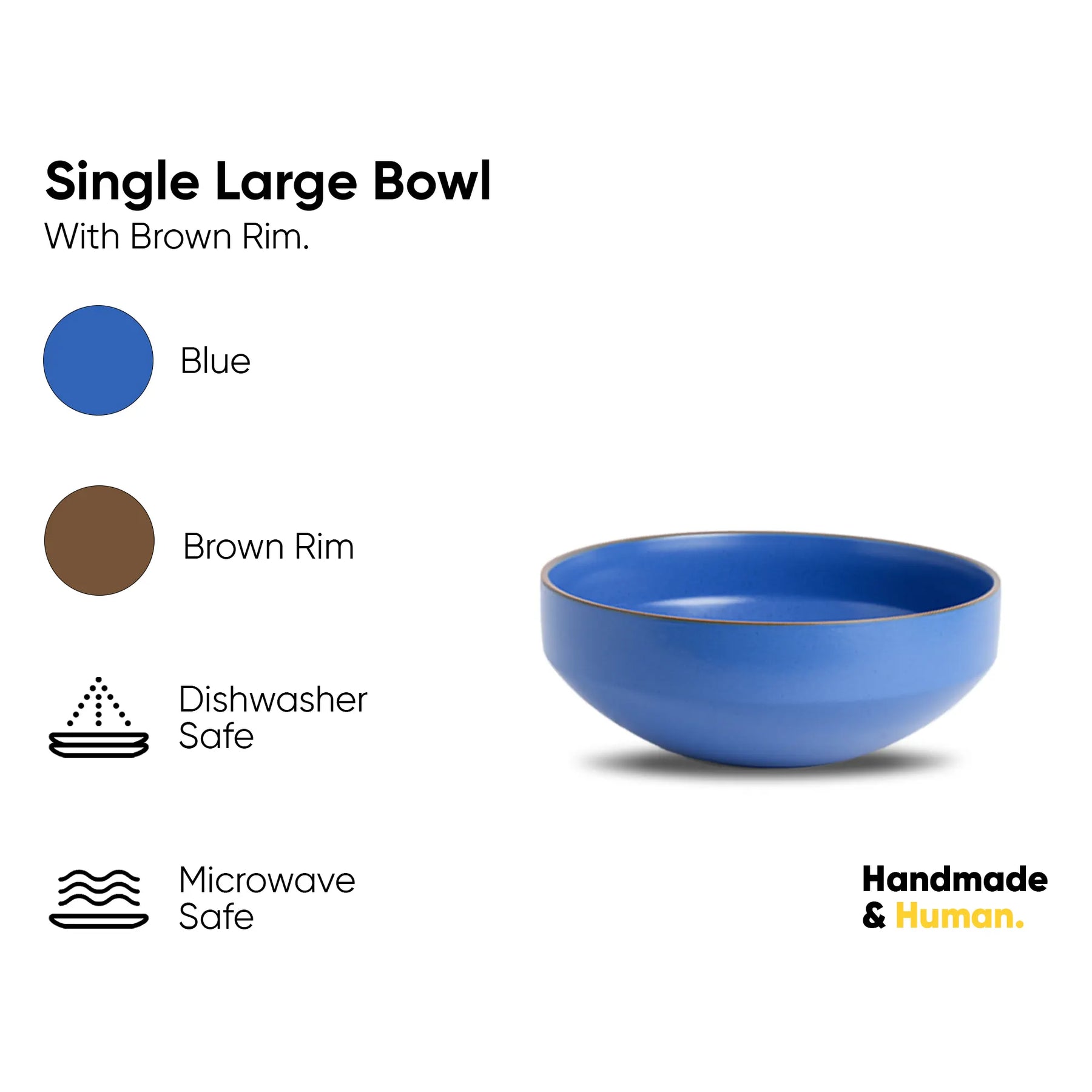 Blue bowl with brown rim on a white background, featuring color swatches and safety icons.