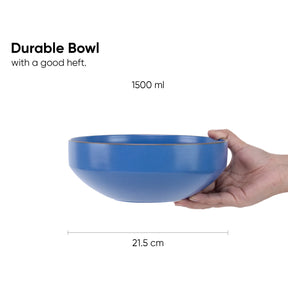 Blue bowl held by a hand with text indicating durability and volume, on a white background