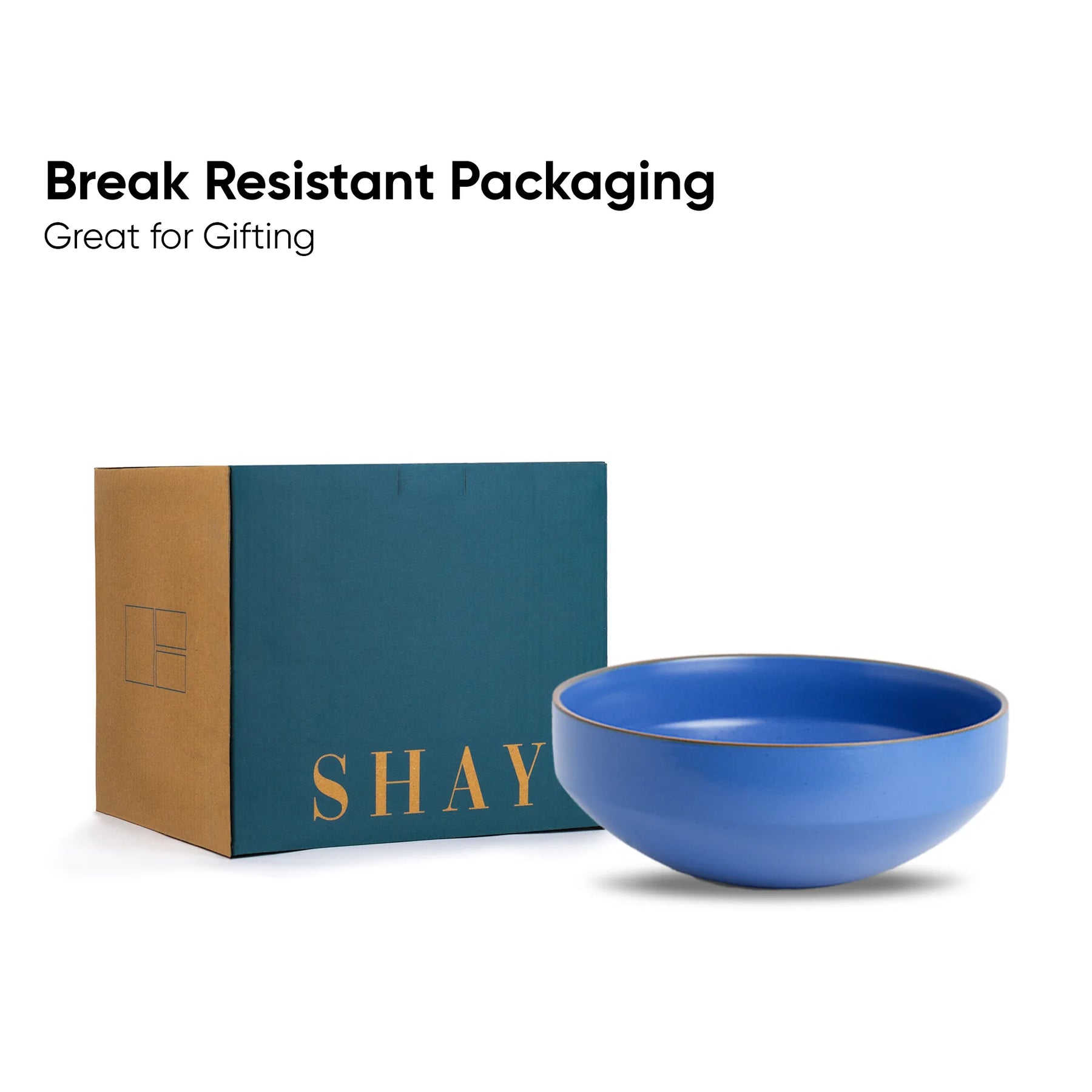 Blue bowl with 'SHAY' branding next to a box, on a white background with text about break-resistant packaging.