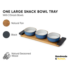 Snack bowl tray with three blue bowls on a wooden tray, labeled 'Handmade & Human'.