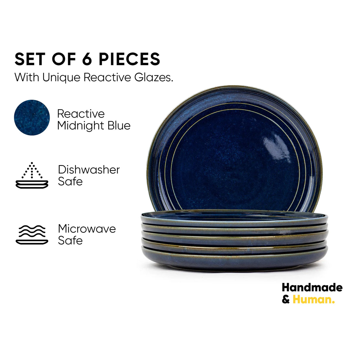 Set of six blue ceramic plates with reactive glaze on a white background, featuring icons and text about safety and origin.