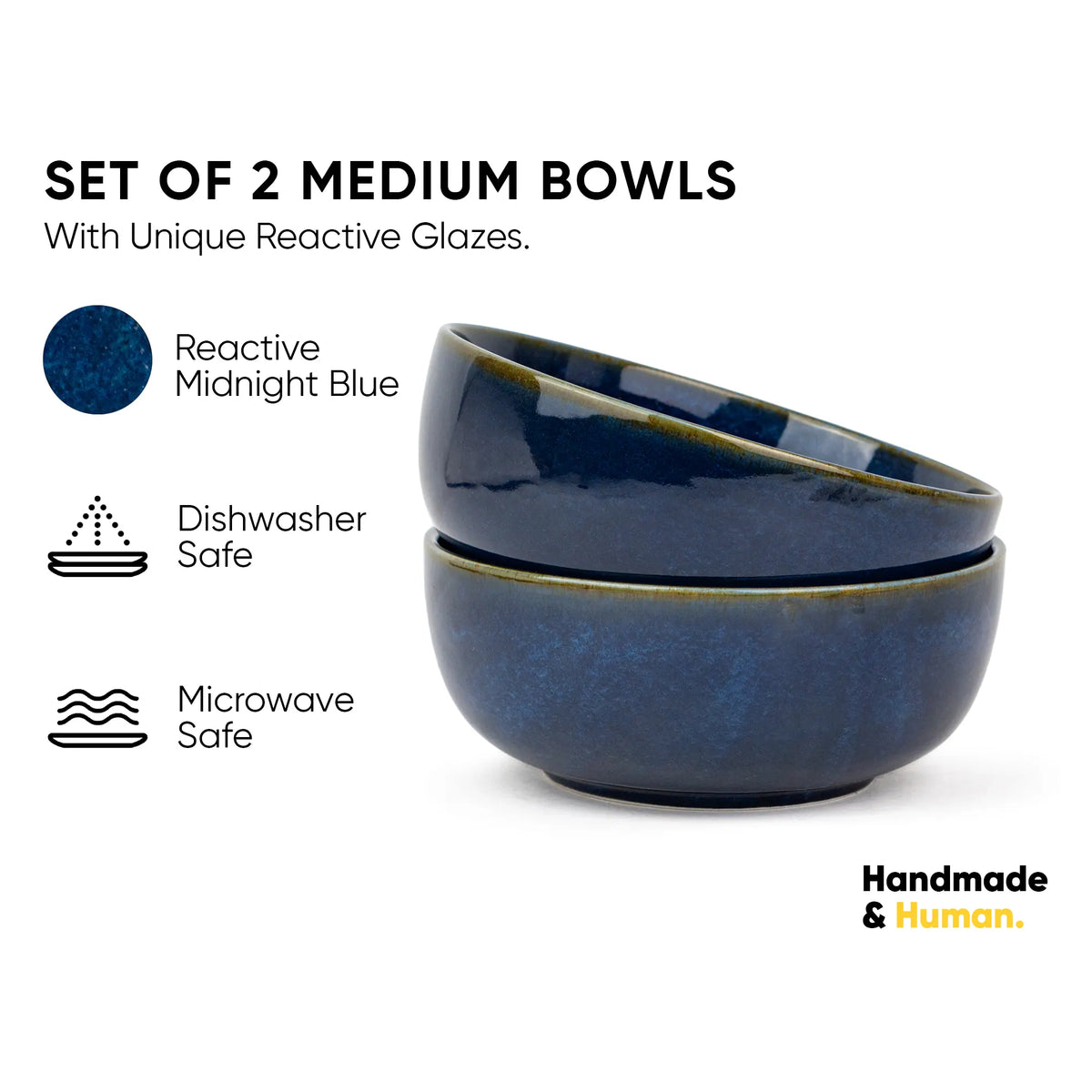 Set of 2 medium blue bowls with reactive glaze, shown with product details on a white background.