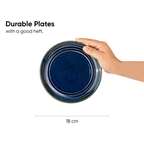 Hand holding a blue ceramic plate with text about durable plates and a measurement of 18 cm.