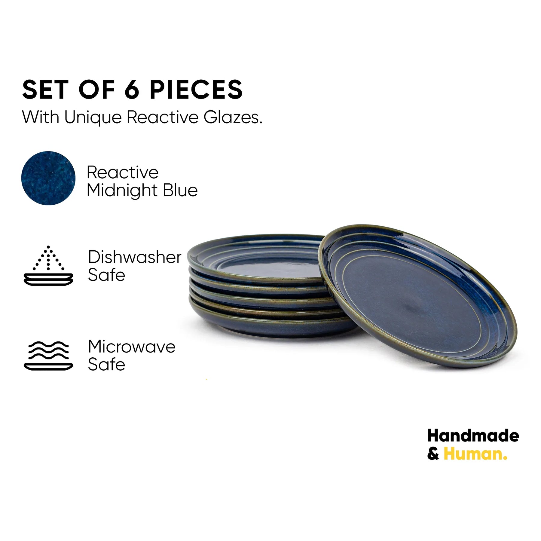 Set of 6 reactive glaze plates with Midnight Blue color on a white background