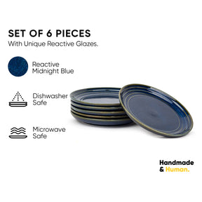 Set of 6 reactive glaze plates with Midnight Blue color on a white background