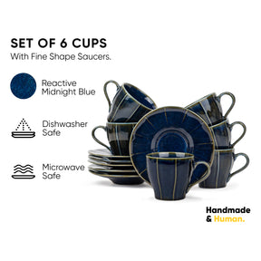 Ceramic Tea Cup & Saucer Set of 6 – Blue | 180ml | Glossy Finish | Self Reactive Collection
