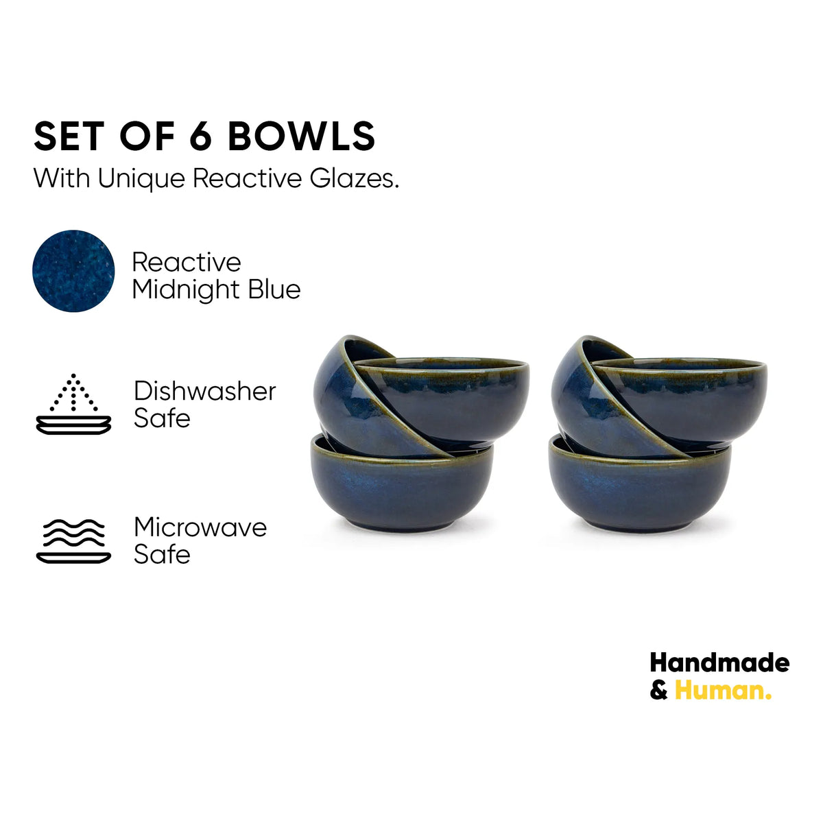 Set of 6 blue bowls with reactive glazes on a white background, featuring icons for dishwasher and microwave safety.