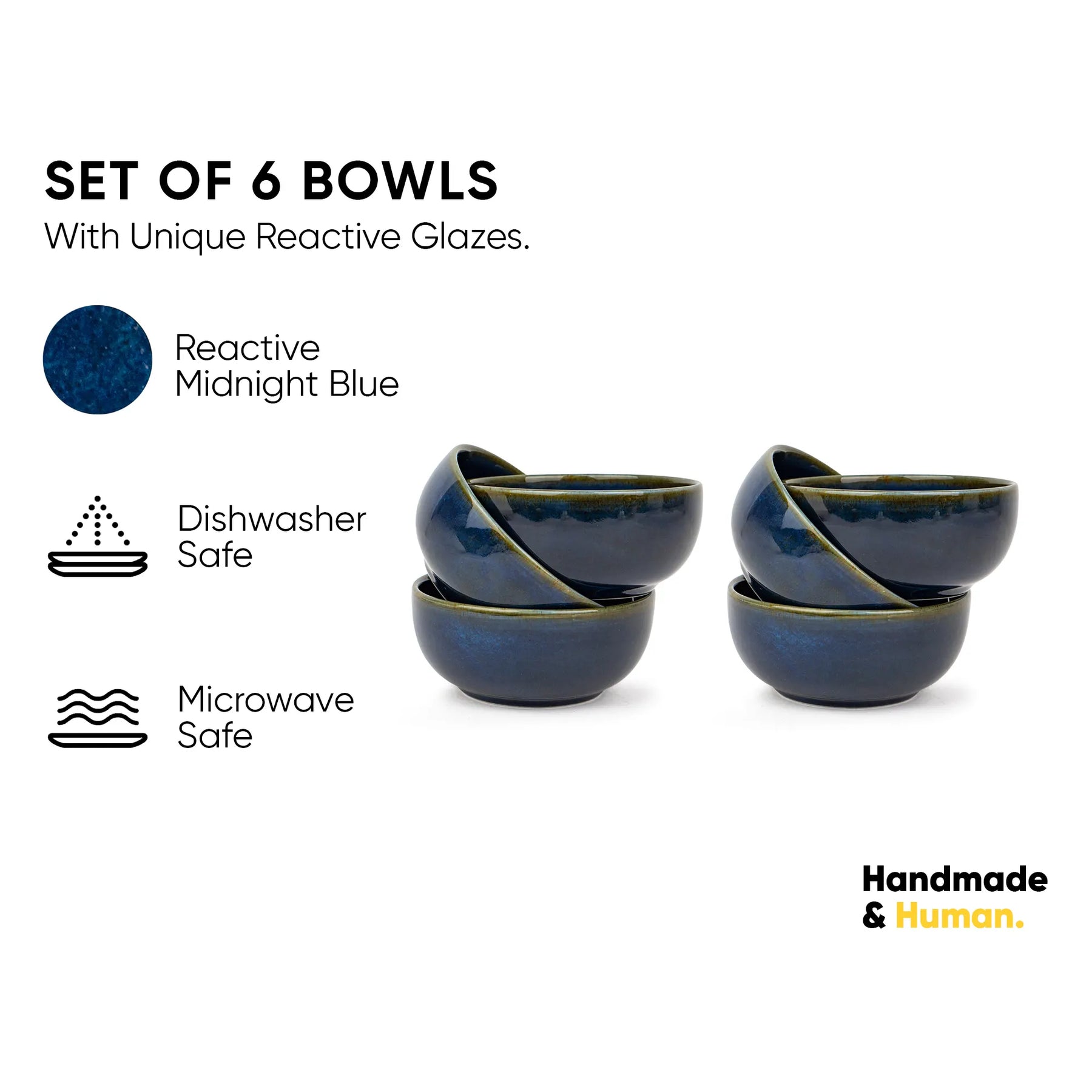 Set of 6 blue bowls with reactive glazes on a white background, featuring icons for dishwasher and microwave safety.
