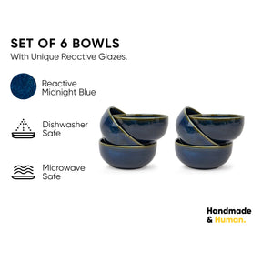 Set of 6 blue bowls with reactive glazes on a white background, featuring icons for dishwasher and microwave safety.