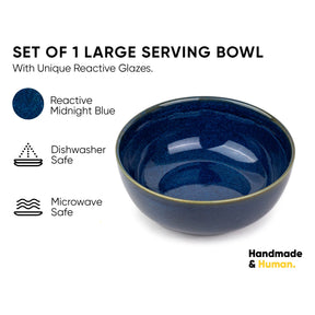 Blue serving bowl with reactive glaze on a white background, featuring text about safety and origin.