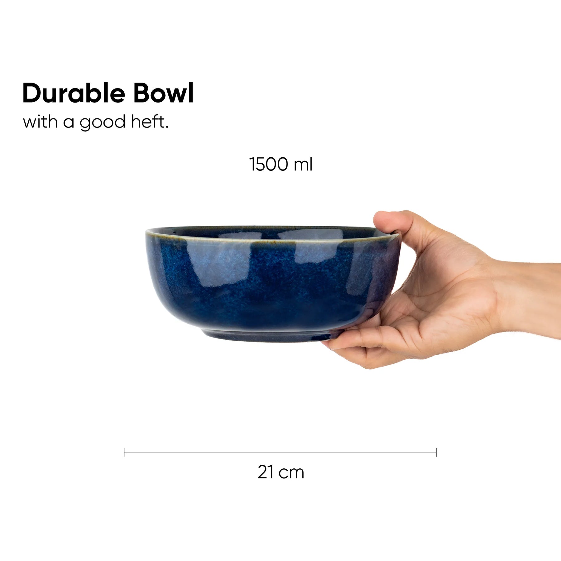 Blue ceramic bowl held by a hand with text indicating its capacity and dimensions.