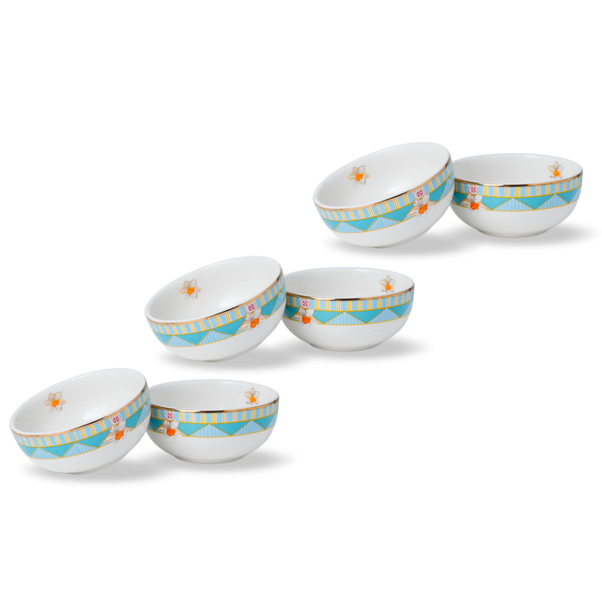 Set of six small ceramic bowls with decorative patterns on a white background