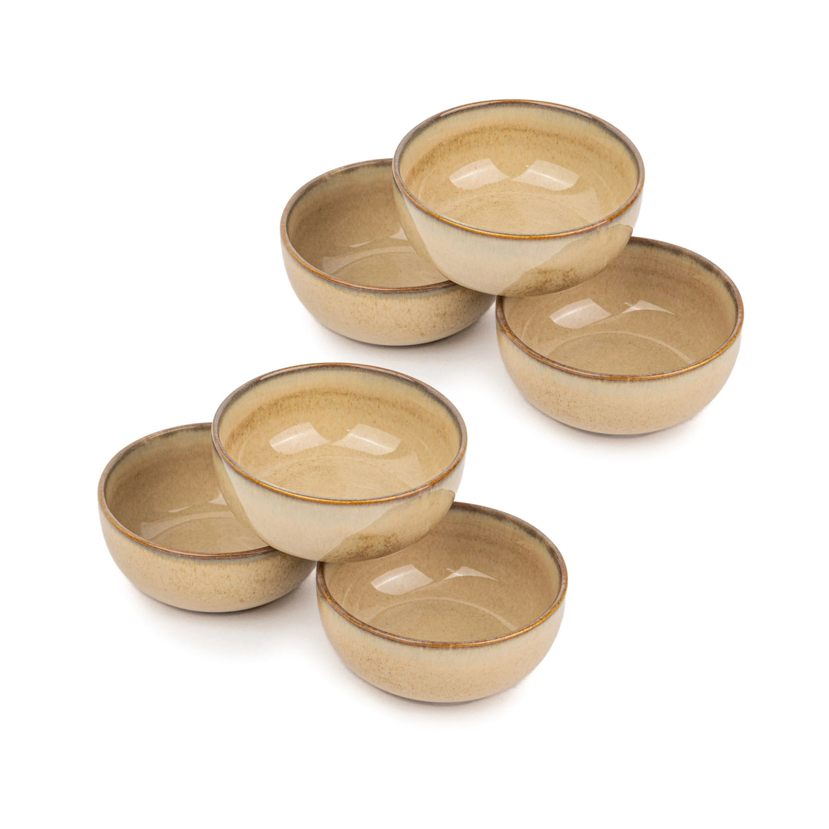 Set of six beige ceramic bowls on a white background