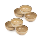 Set of six beige ceramic bowls on a white background