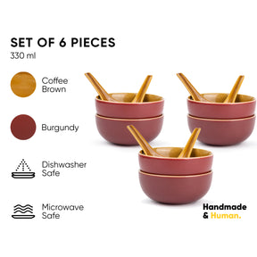 Ceramic Soup Bowl Set | 300ml | With Spoons | Set of 6 | Glossy Finish