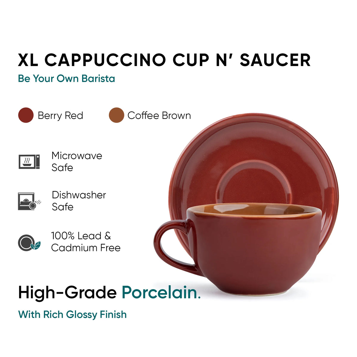Large Ceramic Burgundy Coffee Cup Saucer Set | 320ml | XL Cuppa Collection