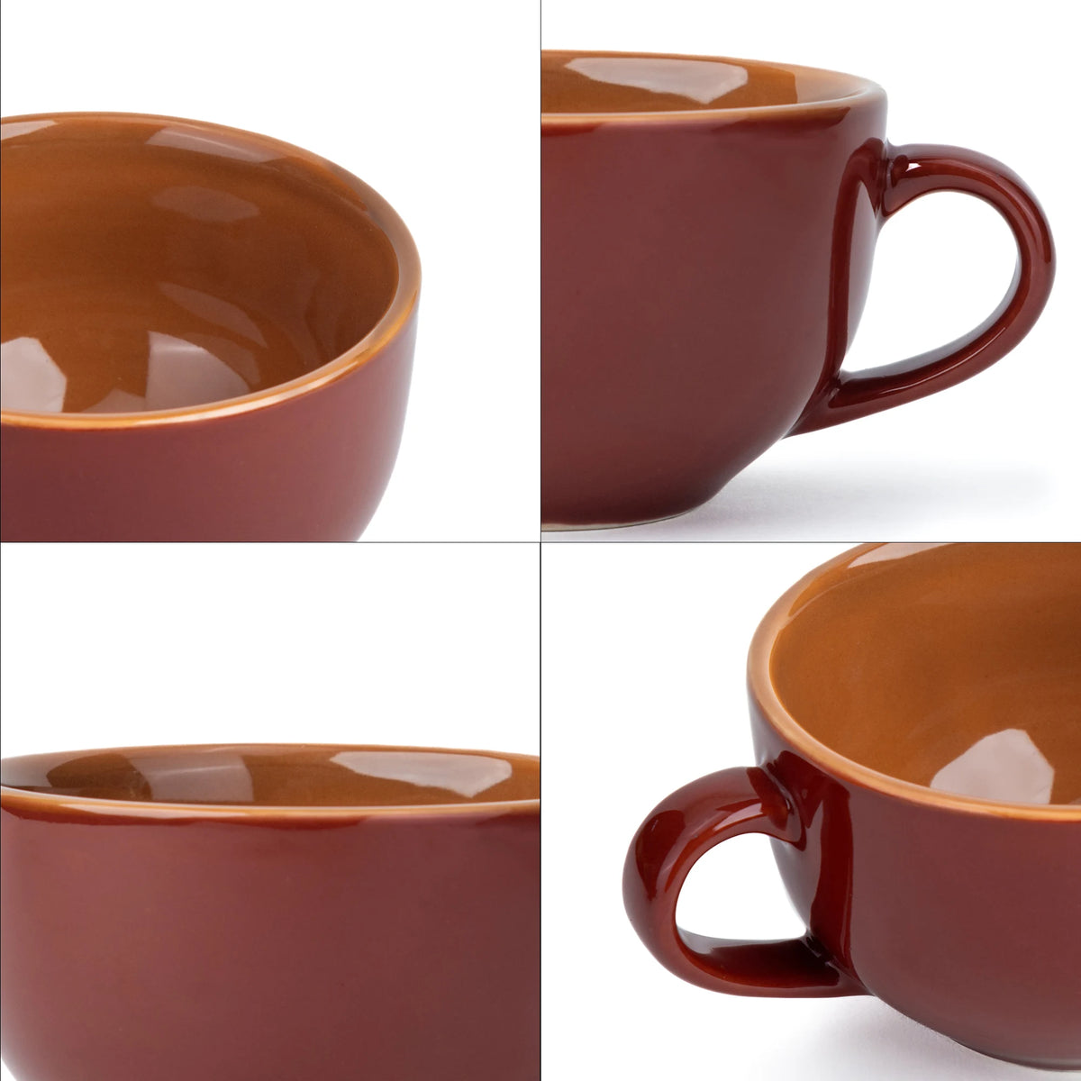 Collage of a brown ceramic cup from different angles on a white background