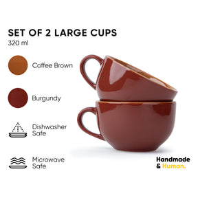 Large Ceramic Coffee Cup Set of 2, Burgundy, 320ml | XL Cuppa Collection | Glossy Finish |