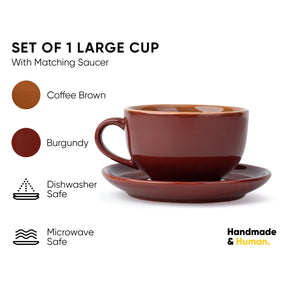 Large Ceramic Coffee Cup Saucer Set, Burgundy, 320ml | XL Cuppa Collection | Glossy Finish