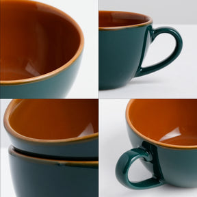 Collage of two mugs, one brown and one green, on a white background.