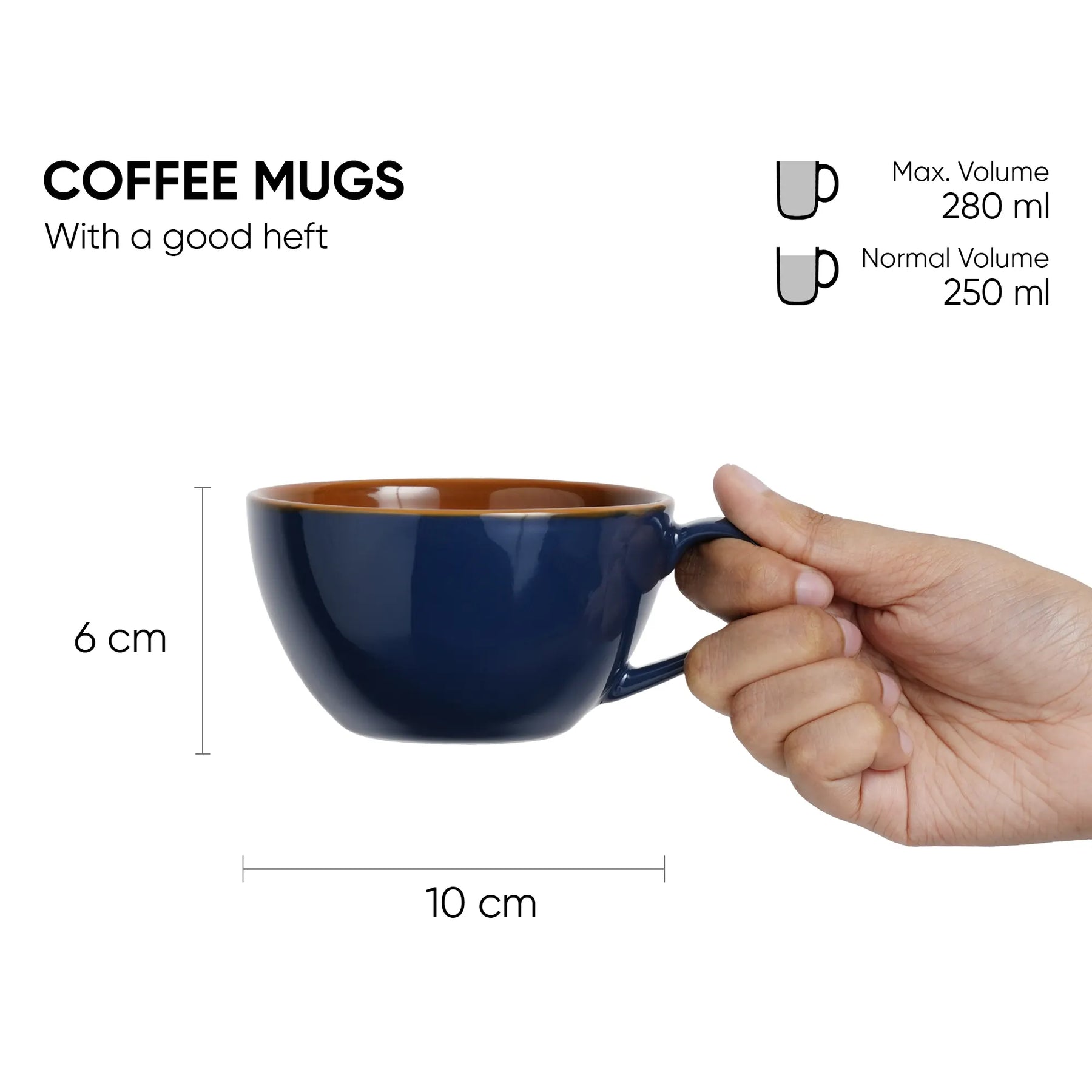 Blue coffee mug held by a hand with measurements and volume details on a white background