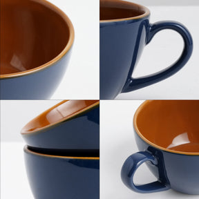 Four views of a blue and brown ceramic cup on a white background