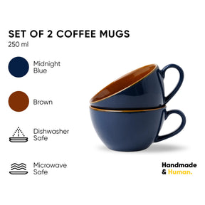 Set of 2 coffee mugs with Midnight Blue and Brown interior, shown with product details on a white background.
