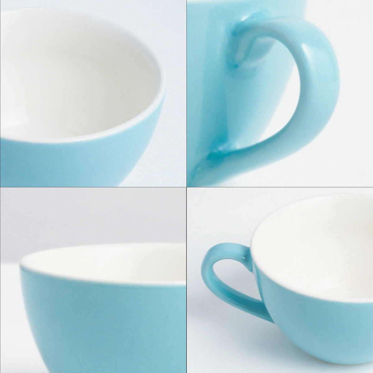 Collage of a light blue ceramic cup on a white background