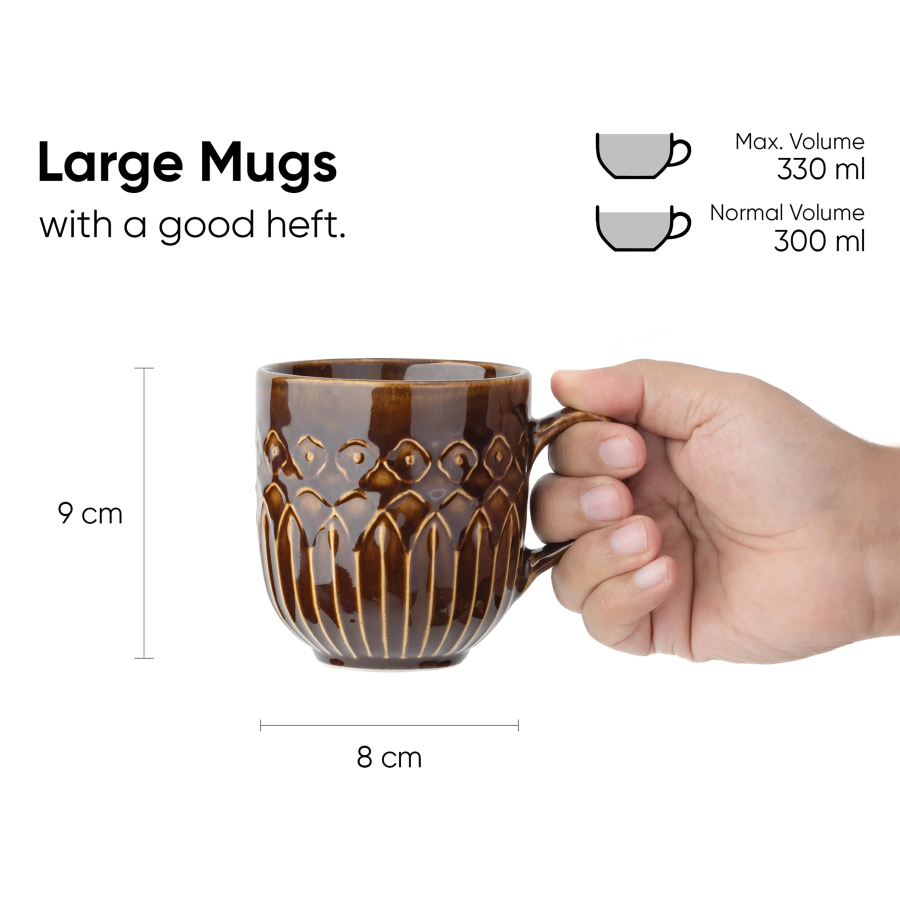 Brown mug held by a hand with measurements and volume details on a white background