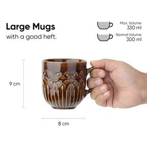 Brown mug held by a hand with measurements and volume details on a white background