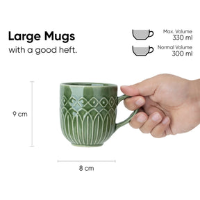 Green mug held by a hand with measurements and volume details on a white background