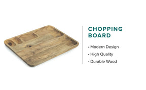 Wooden chopping board with text highlighting features on a white background