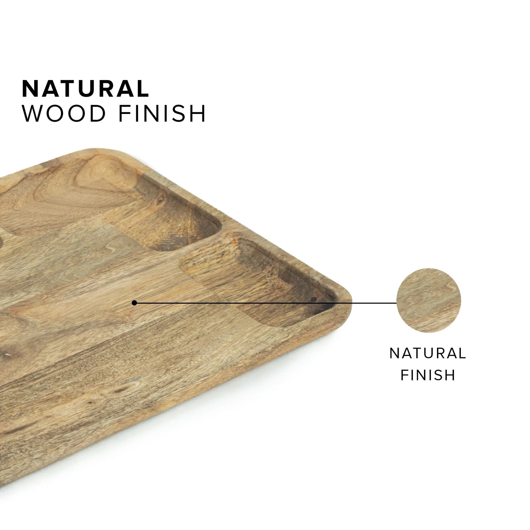 Wooden cutting board with natural wood finish and a close-up of the finish on a white background.