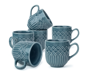 Ceramic Coffee Mug Set, Set of 6, 330ml, Blue Grey Carving | Medium Mug | Glossy Finish